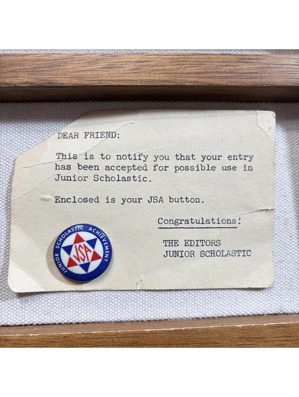 Vintage JSA Junior Scholastic Achievement Button with Letter 1950s
